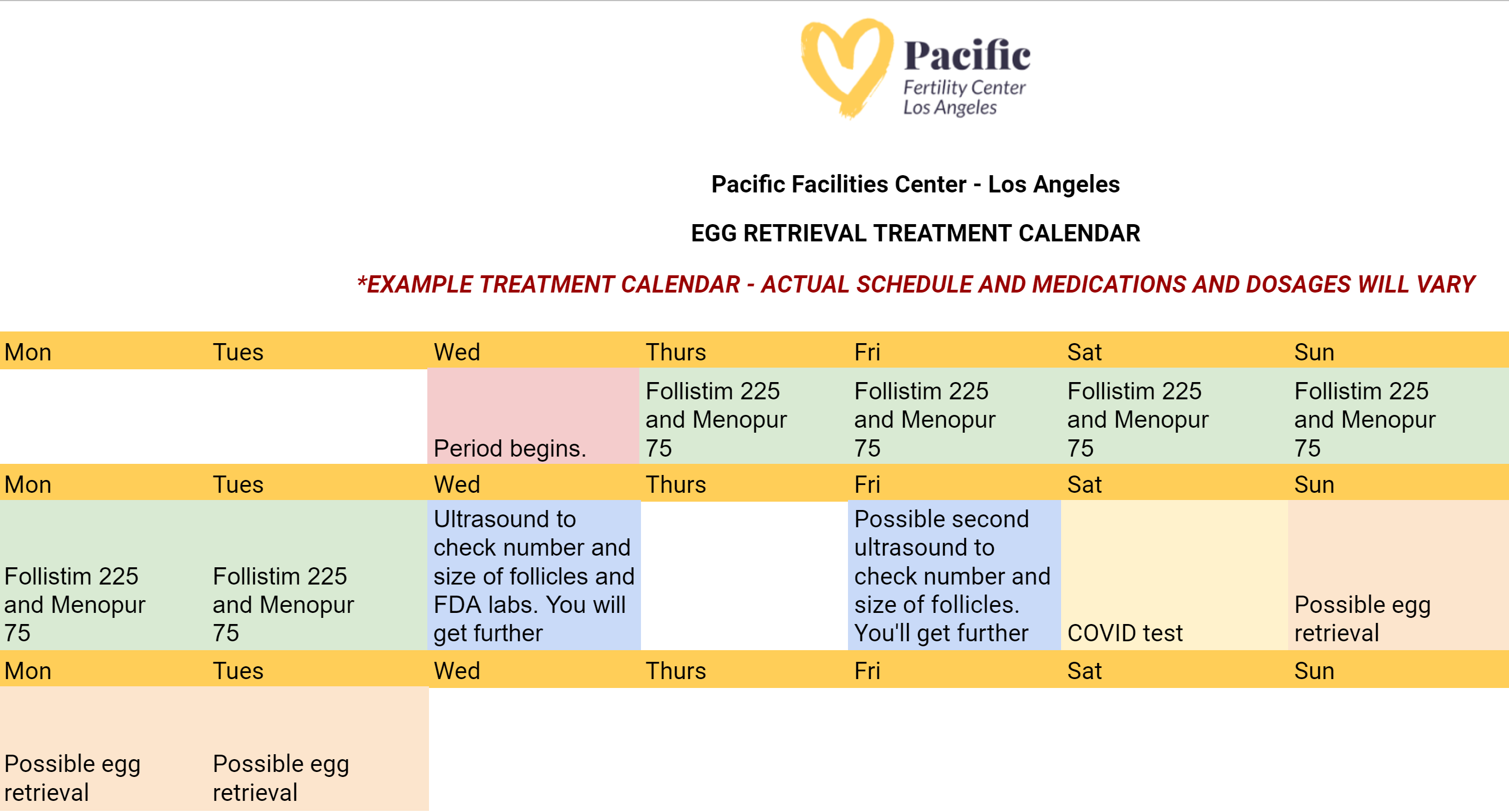 IVF egg retrieval calendar example