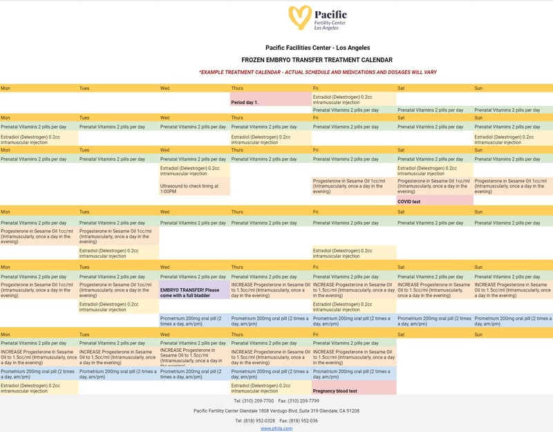 frozen embryo transfer timeline in calendar example